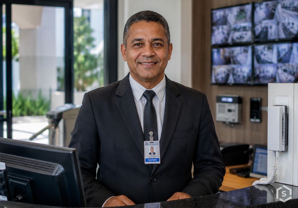 Porteiro de terno escuro, gravata e crachá de identificação sorrindo ao lado de um computador em uma guarita com monitores ao fundo
