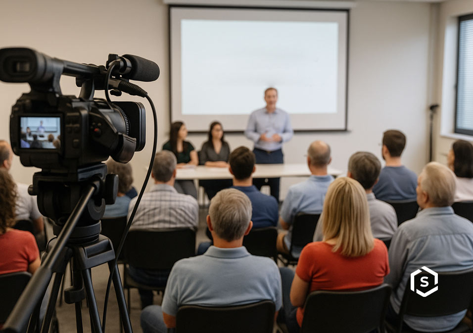 Assembleia de condomínio com síndico, corpo diretivo e condôminos presentes em sala de reuniões, com câmera gravando a reunião Assembleia de condomínio com síndico, corpo diretivo e condôminos presentes em sala de reuniões, com câmera gravando a reunião