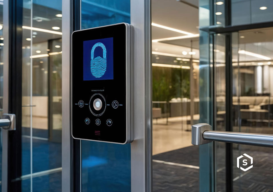 Sistema de controle de acesso e segurança em porta de vidro de prédio comercial ou empresarial, com tecnologia digital moderna de biometria Sistema de controle de acesso e segurança em porta de vidro de prédio comercial ou empresarial, com tecnologia digital moderna de biometria