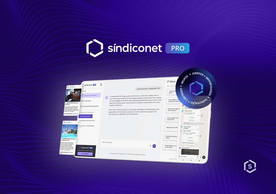 Imagem promovendo o Sindiconet PRO, plataforma digital com recursos, eventos e soluções para síndicos e gestores, destacando IA e tecnologia Imagem promovendo o Sindiconet PRO, plataforma digital com recursos, eventos e soluções para síndicos e gestores, destacando IA e tecnologia