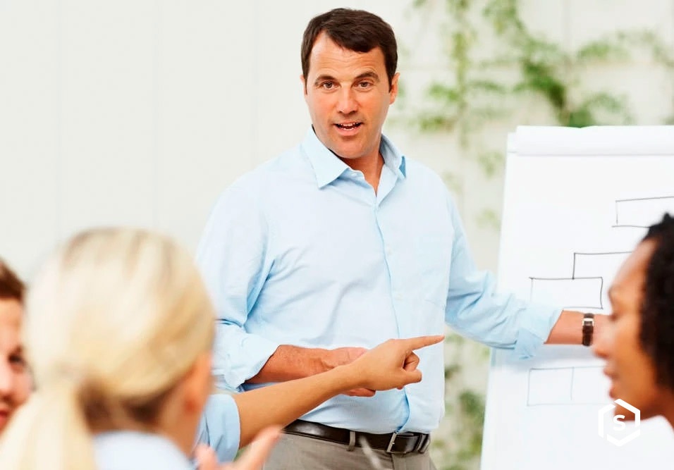 Homem apresentando em uma reunião de equipe, explicando algo em frente a um quadro branco com diagramas, com várias pessoas assistindo. Homem apresentando em uma reunião de equipe, explicando algo em frente a um quadro branco com diagramas, com várias pessoas assistindo.