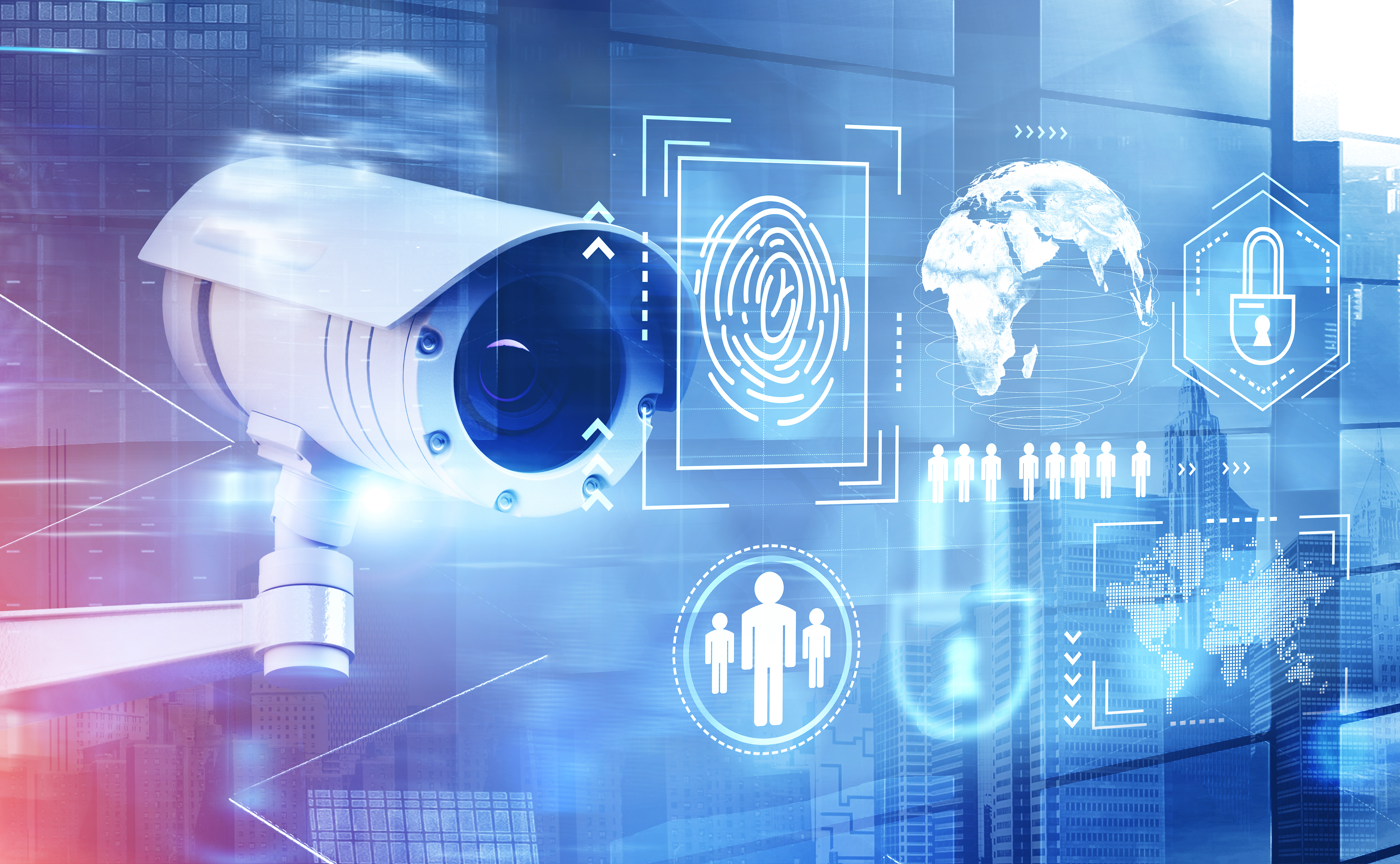 Sistema de segurança com câmera de vigilância, reconhecimento facial, dados globais, e proteção digital, ilustrando tecnologia de vigilância moderna.