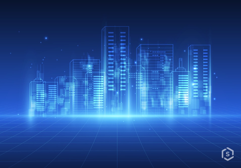 Ilustração digital de uma cidade futurista com prédios altos em um ambiente com iluminação azul, representando tecnologia e inovação