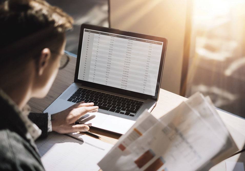 Pessoa analisando planilha de dados em um computador portátil na luz natural, ambiente de escritório ou home office.