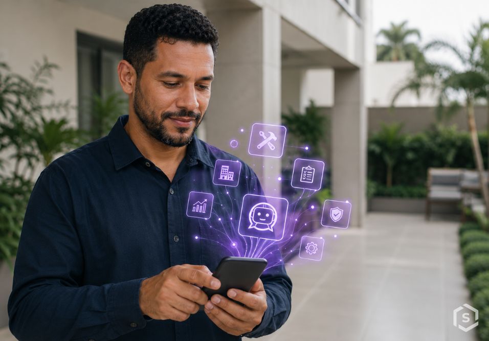 Homem em condomínio usando smartphone com ícones holográficos de mensagens, estatísticas e segurança, sugerindo automação digital de operação predial