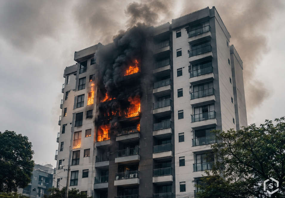Prédio de vários andares em chamas, com fumaça densa saindo das janelas e fogo visível em diferentes pavimentos, em uma cena de incêndio urbano