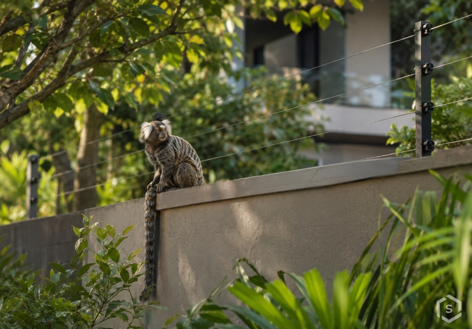 Macaco sagui cinza sentado na mureta de um condomínio cercada por plantas e com cerca de proteção perimetral de fios, em um jardim ao ar livre.