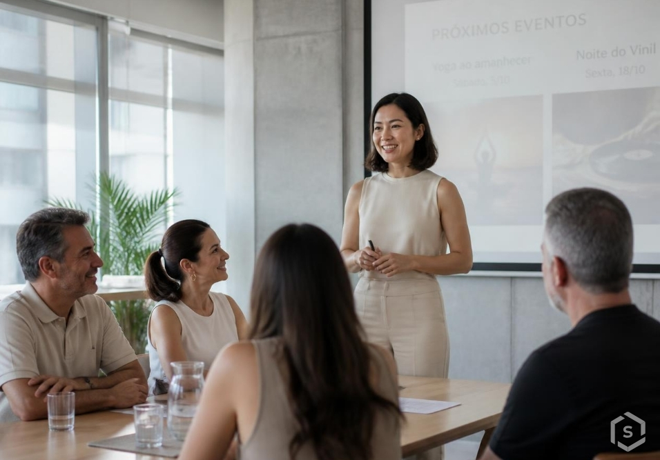 Reunião em sala de eventos com uma palestrante de pé à frente de um grupo sentado, enquanto ela apresenta informações em apresentação exibida no telão