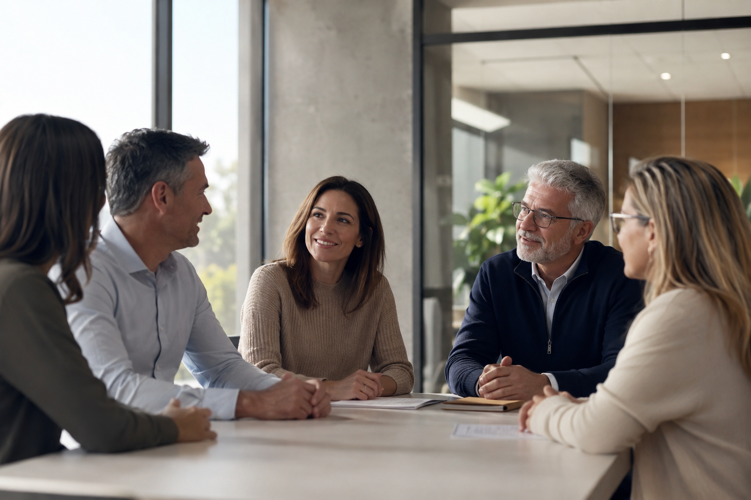 Grupo de pessoas em reunião de negócios em uma sala moderna, com clientes ou colegas sentados à mesa, conversando e sorrindo, clima profissional