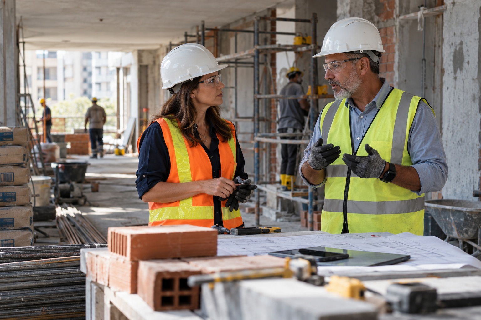 Engenheiro e arquiteta em obra conversam usando capacete e colete de alta visibilidade, com ferramentas e materiais ao fundo em canteiro de obras