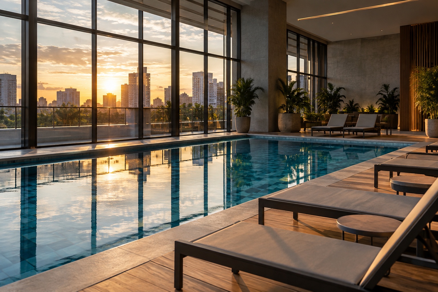 Piscina de borda infinita em área de lazer moderna com espreguiçadeiras e grandes janelas panorâmicas, ao pôr do sol com vista para a cidade.