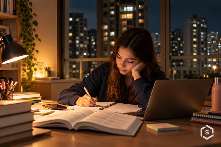 Uma adolescente estudando em casa à noite, sob a luz de uma luminária, em apartamento.